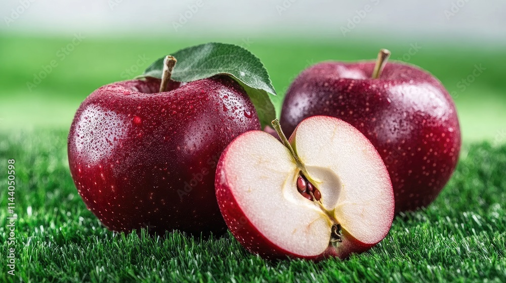 Aufkleber fresh red apples on green grass background with water droplets showcasing natural freshness and vibr