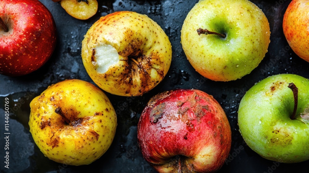 Poster fresh and rotten apples contrasting vividly on a dark background showcasing healthy and decayed prod