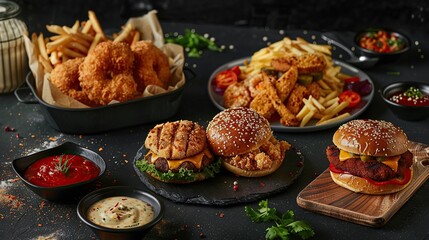 Delicious Fast Food Feast: Burgers, Fries, and Crispy Bites