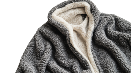 Cozy gray and beige fleece hoodie laid flat on a transparent surface, showcasing its soft texture and warm design for chilly weather.
