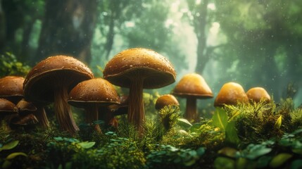 Fototapeta premium Lush forest scene featuring fresh brown mushrooms nestled among vibrant greenery and soft sunlight filtering through trees