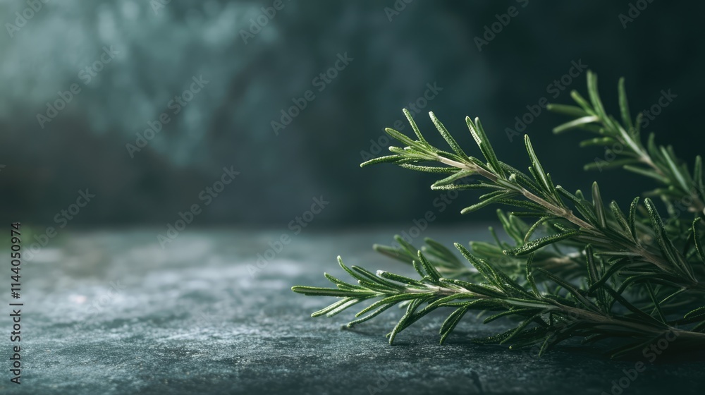 Poster fresh rosemary herb branch with dew on a textured surface in soft natural light ideal for culinary o
