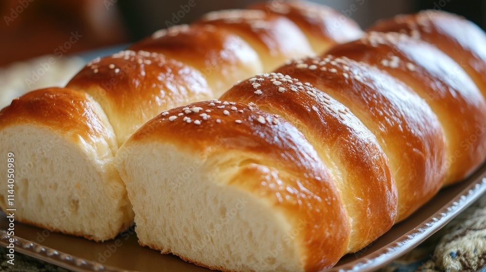 Poster Freshly baked golden loaf of bread sliced and plated with a tempting sheen and sesame seeds adding an inviting touch to the presentation