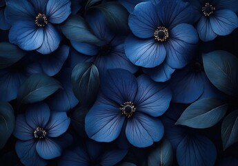 Obraz premium Dark blue flowers, navy blue flower background, dark floral pattern with large petals