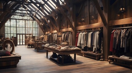 Cozy and Elegant Clothing Boutique with Expertly Curated Rustic Merchandising Displays Offering a Warm and Inviting Shopping Experience