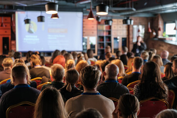 An audience gathered in a conference setting, engaged in a presentation. The space showcases professional and learning themes with focused participants and modern indoor decor.