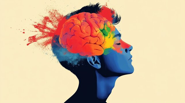 A man's brain is shown in a colorful explosion of paint. Concept of creativity and inspiration, as the explosion of colors represents the brain's ability to generate new ideas and thoughts
