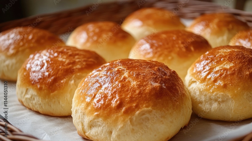 Poster golden brown freshly baked soft bread rolls arranged in a basket highlighting their inviting texture