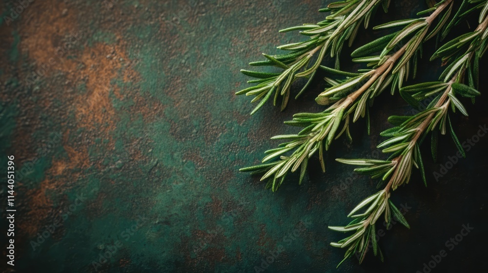 Poster fresh rosemary herb sprigs on rustic textured background for culinary and herbal use in cooking and 