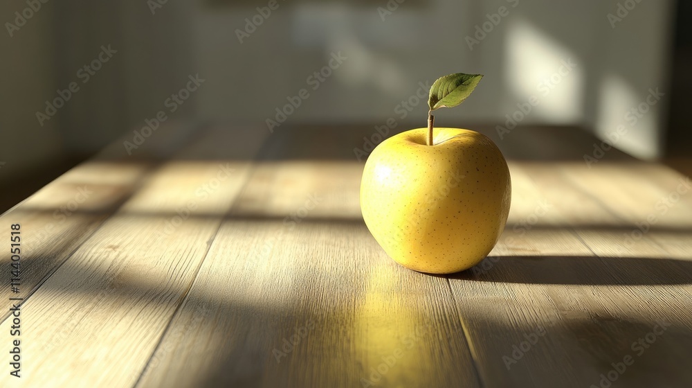 Poster golden apple on a rustic wooden table illuminated by soft sunlight casting gentle shadows