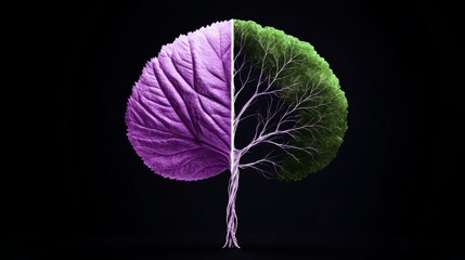 A tree with purple leaves and green leaves. The purple leaves are on the left side of the tree and the green leaves are on the right side