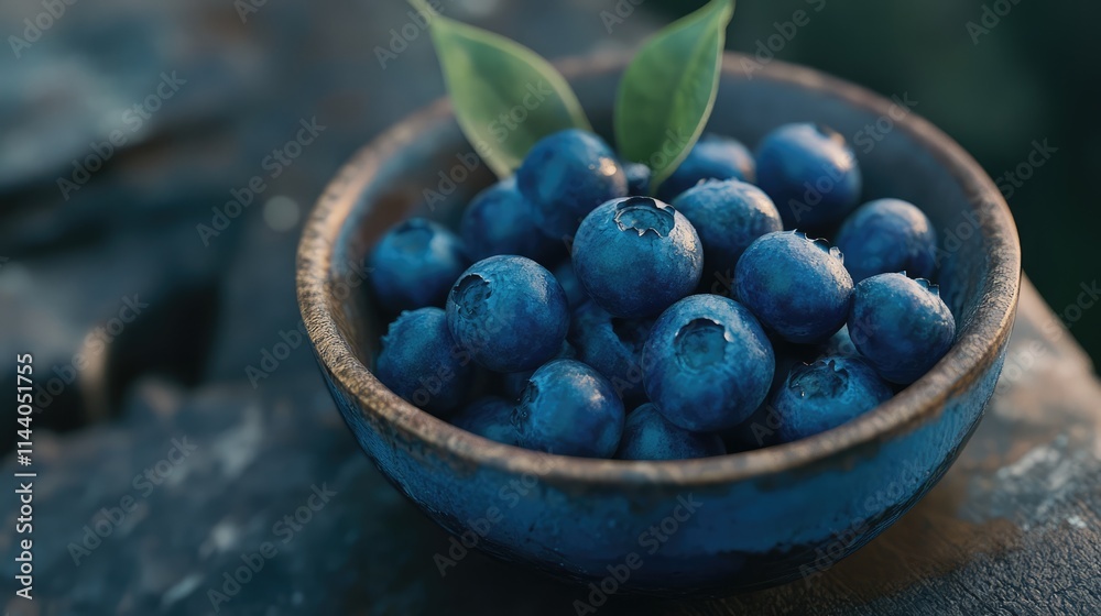 Poster freshly picked blueberries in a rustic bowl with green leaves highlighted by natural light on a text