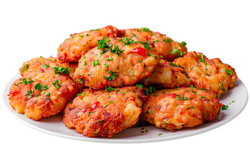 Crispy golden vegetable patties on white plate with parsley garnish isolated on transparent background, PNG image for food concepts