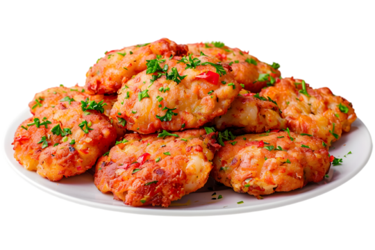 Crispy golden vegetable patties on white plate with parsley garnish isolated on transparent background, PNG image for food concepts