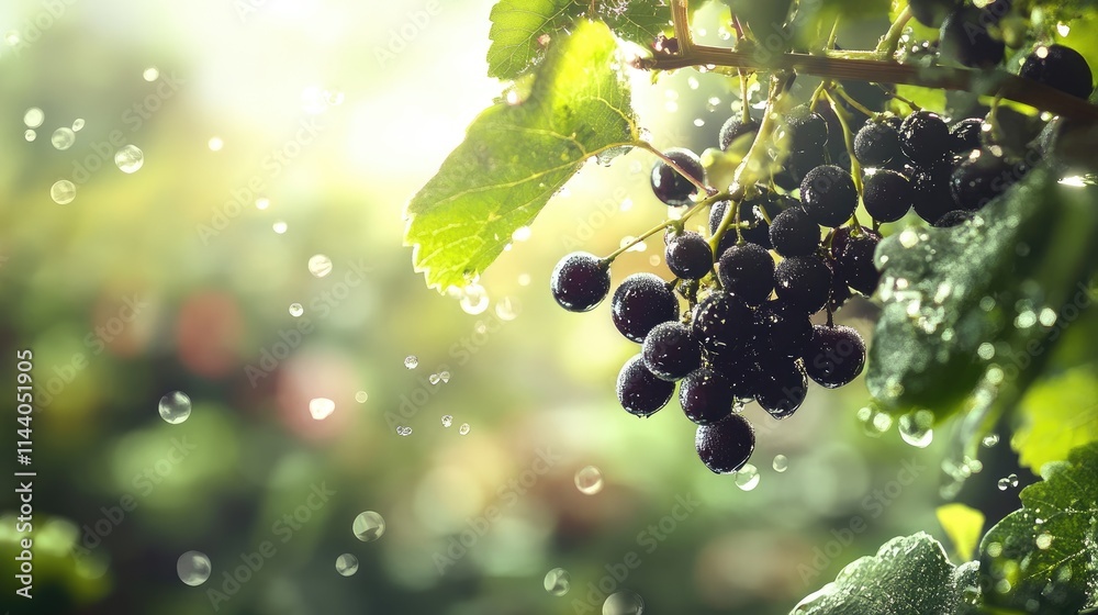 Poster fresh black grapes hanging from vine with blurred garden background and soft sunlight creating a ser