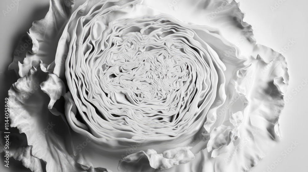Poster Detailed close-up of freshly cut cabbage showcasing its intricate layered structure on a minimalist background for culinary and health themes