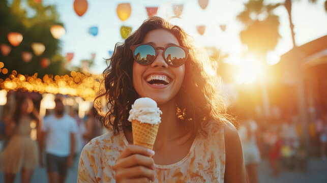 A young Latin couple sharing an ice cream cone while strolling through a lively park on a sunny afternoon. 