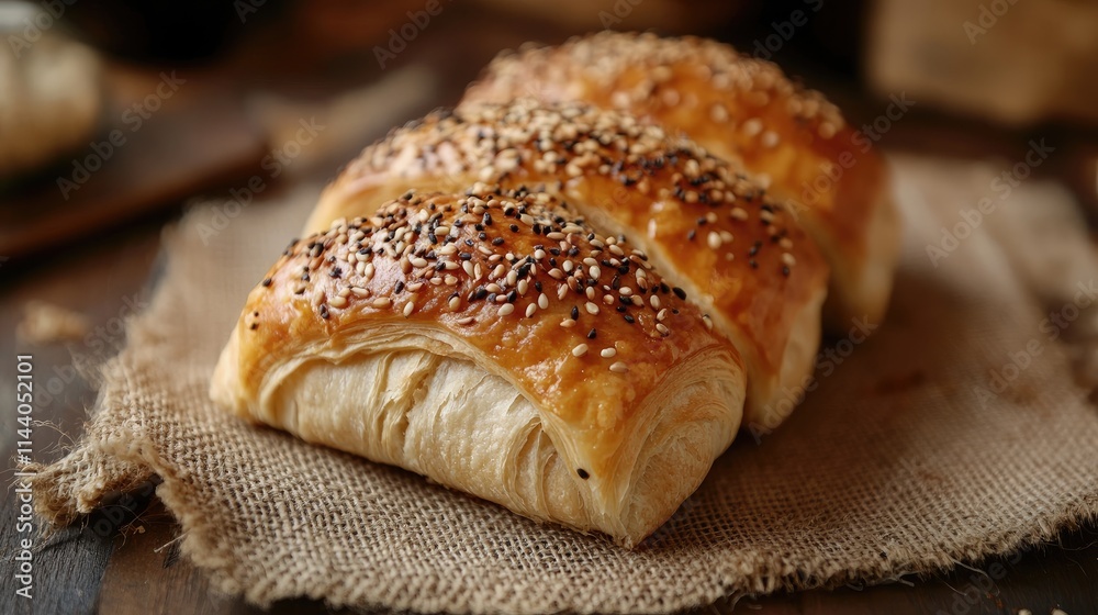 Poster freshly baked croissant topped with seeds displayed on rustic burlap fabric.