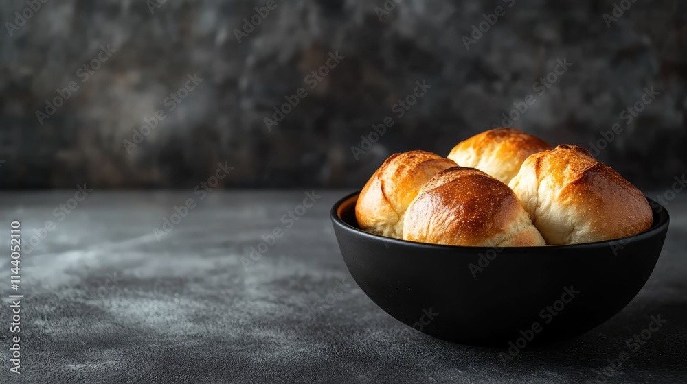 Poster freshly baked golden bread rolls in a black bowl on textured gray background with ample copy space f
