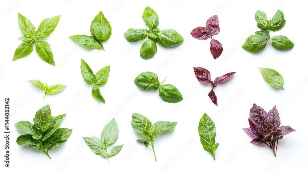 Aufkleber Assorted varieties of fresh basil leaves arranged on a white background showcasing their unique shapes and colors for culinary applications.