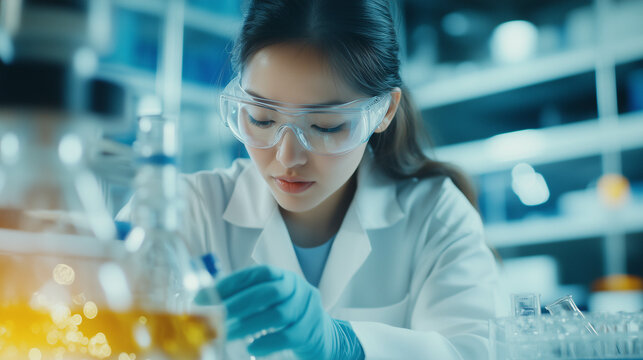 An Asian woman conducting research in a high-tech laboratory, wearing a lab coat and safety goggles. 