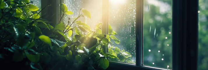 Window Plants and Raindrops in Soft Light