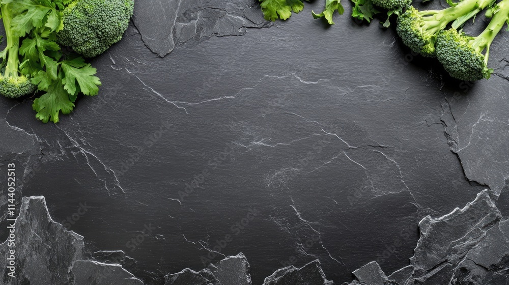 Poster fresh broccoli and herbs arranged on a black slate surface with ample space for text and creative de