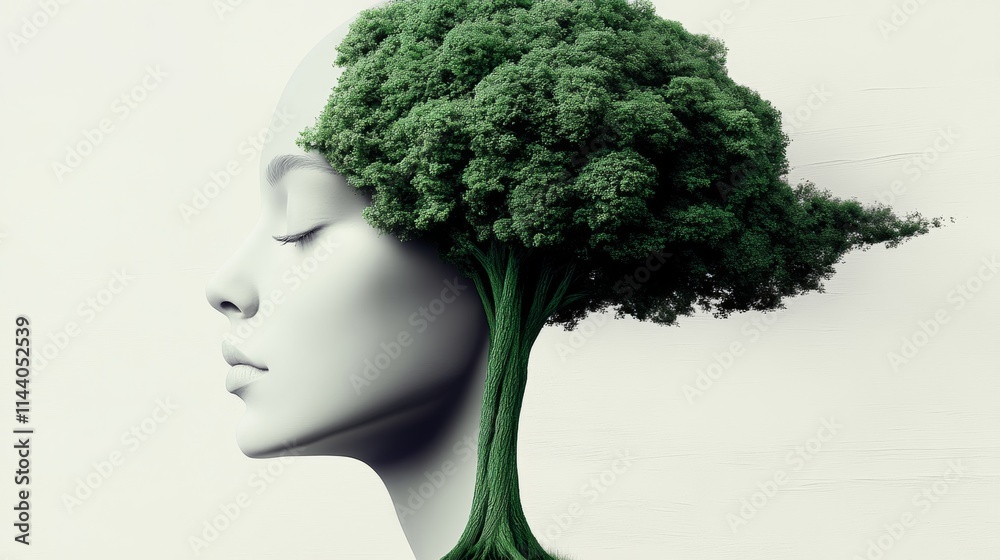 Wall mural a woman's face is surrounded by a tree. the tree is green and has leaves. concept of peace and tranq