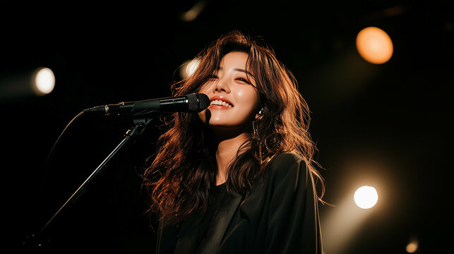 Close-up of a young, beautiful Asian girl passionately singing at the bar.
