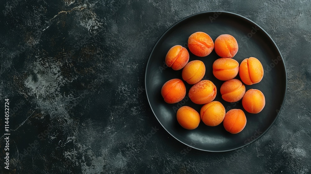 Poster fresh ripe apricots arranged on a black plate against a dark background with ample copy space for fo
