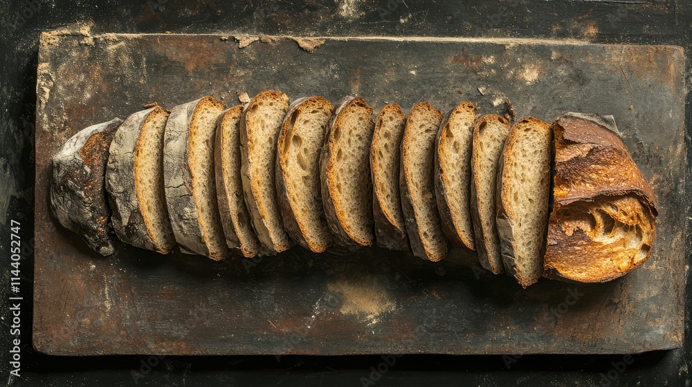 Aufkleber sliced homemade artisan bread arranged neatly on a rustic wooden board showcasing texture and crust 