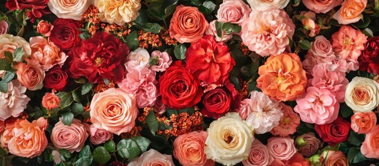 Elegant floral backdrop featuring a vibrant assortment of red, pink, and peach roses complemented by lush green foliage.