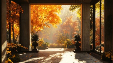 Serene autumn landscape with vibrant golden foliage seen through a modern glass doorway illuminated by soft sunlight