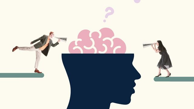 Man and woman, employees looking and shouting into megaphone on brain, overload of information, importance of clarifying thoughts. Stop motion, animation. Concept of psychology, mental health