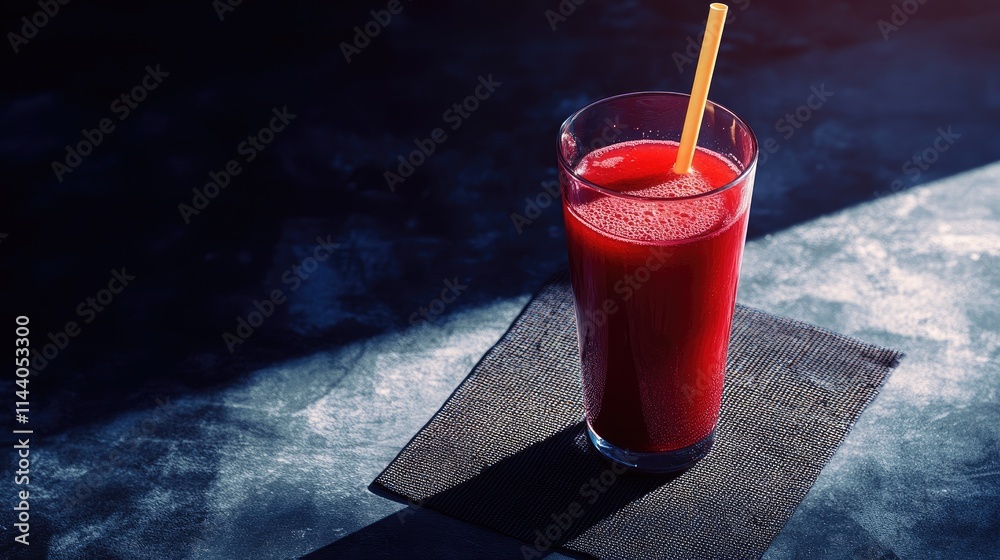 Aufkleber freshly prepared beetroot juice in a tall glass with a yellow straw on a dark placemat illuminated b