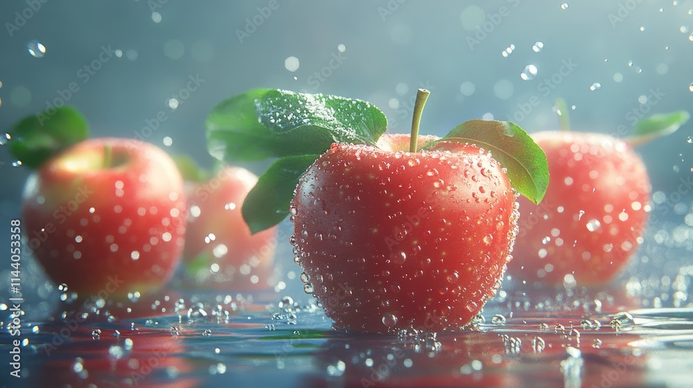 Aufkleber Fresh red apples glistening with water droplets against a soft blurred background creating a vibrant and refreshing fruit composition.