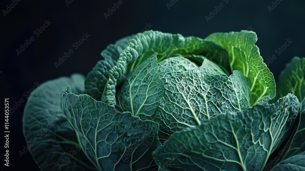 Poster lush green cabbage close-up showcasing intricate leaf textures on a dark background for fresh produc