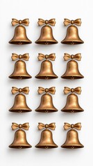 A photostock of ornate gold bells with holiday bows arranged symmetrically, isolated on a clean white background, festive and shiny, High Quality
