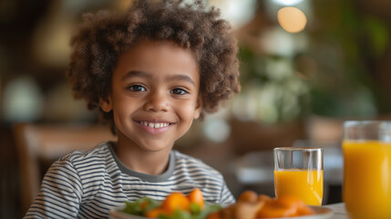 Smiling boy having breakfast at dining table