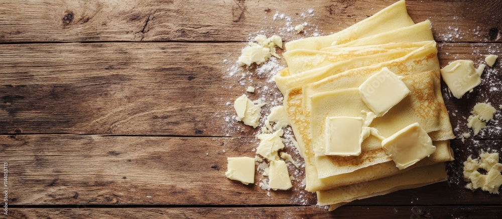 Poster homemade stack of crepes with butter on rustic wooden surface ideal for culinary designs and food-re