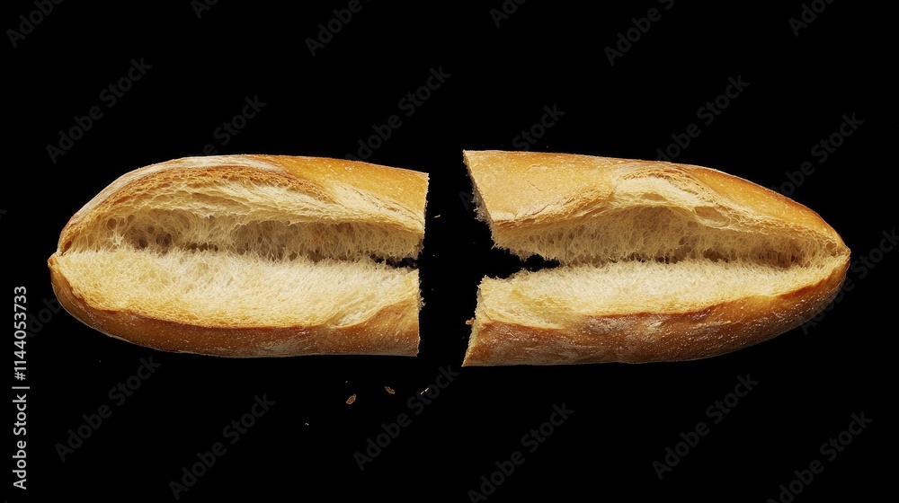 Poster halved fresh baguette on black background showcasing its soft interior and crispy crust ideal for cu