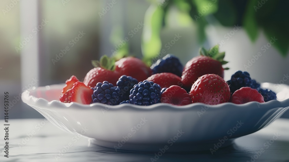 Poster fresh assorted berries displayed in a white dish highlighting vibrant colors and textures in natural