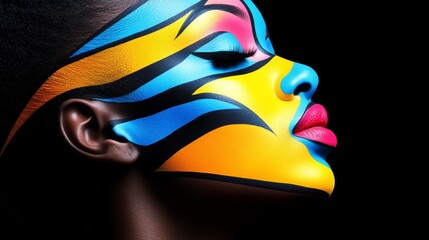 A woman's face is painted with bright colors and has a zebra print. The colors are yellow, blue, and red