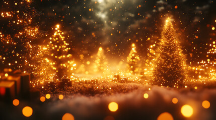 Magical landscape with glowing Christmas trees and sparkling golden lights