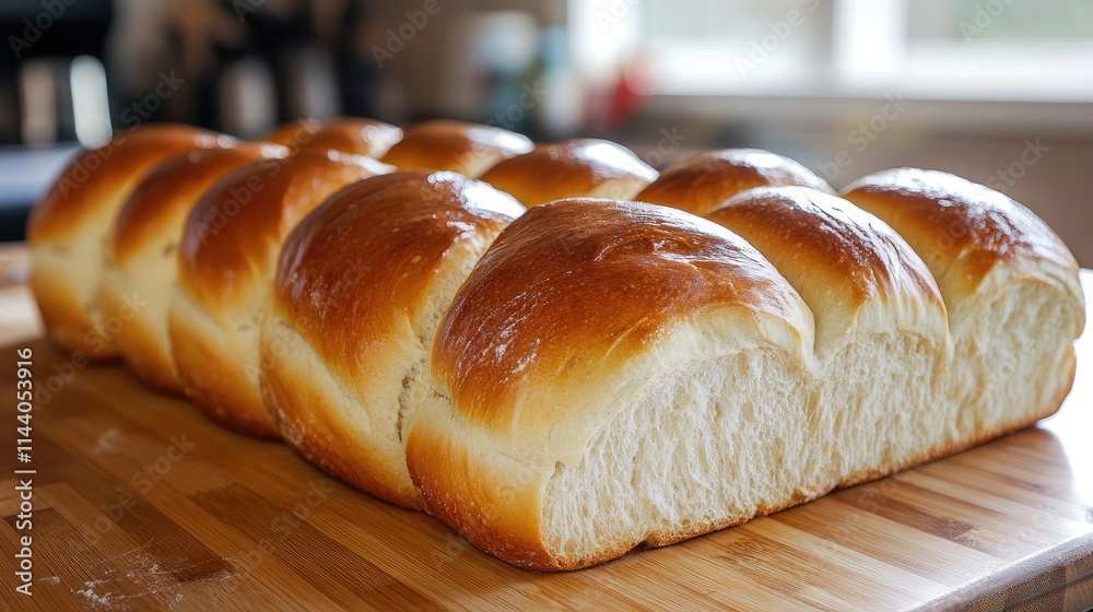Aufkleber freshly baked golden bread loaf displayed on a kitchen table highlighting its soft texture and invit