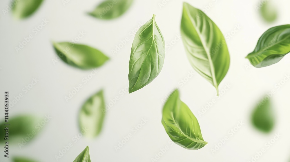 Poster floating fresh basil leaves against a soft white background emphasizing their vibrant green color an