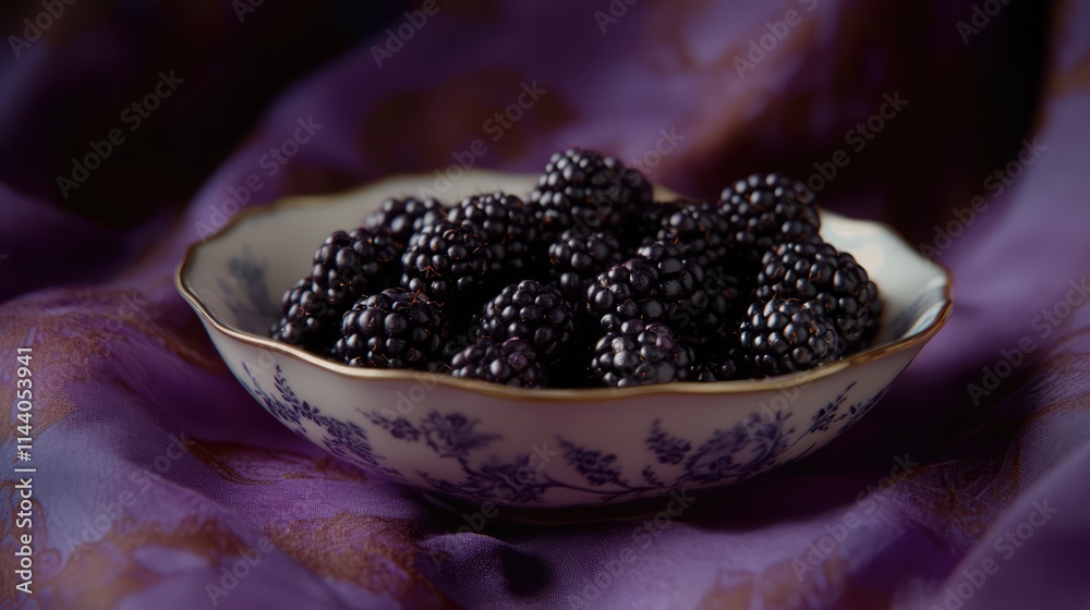 Poster freshly picked blackberries in an elegant bowl on a rich textured fabric background with a focus on 
