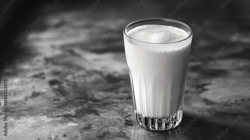 Poster creamy milk in a tall glass on a textured rustic surface with a soft focus background