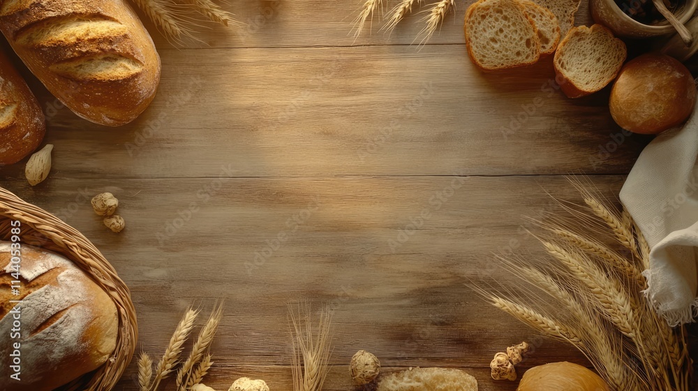 Poster rustic composition of fresh bread and wheat stalks arranged on a wooden table creating a warm and in