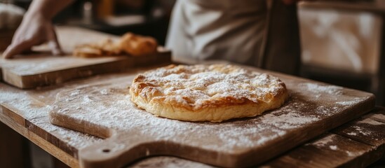 Delicious freshly baked pastry on wooden table with a dusting of flour in cozy bakery setting